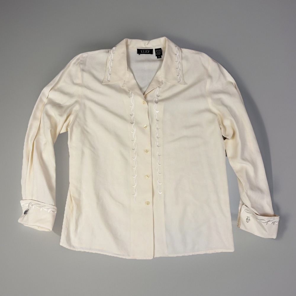 Y.L.E.V Silk Blouse Womens 10 Cream Embroidered Long Sleeve Button Front Shirt